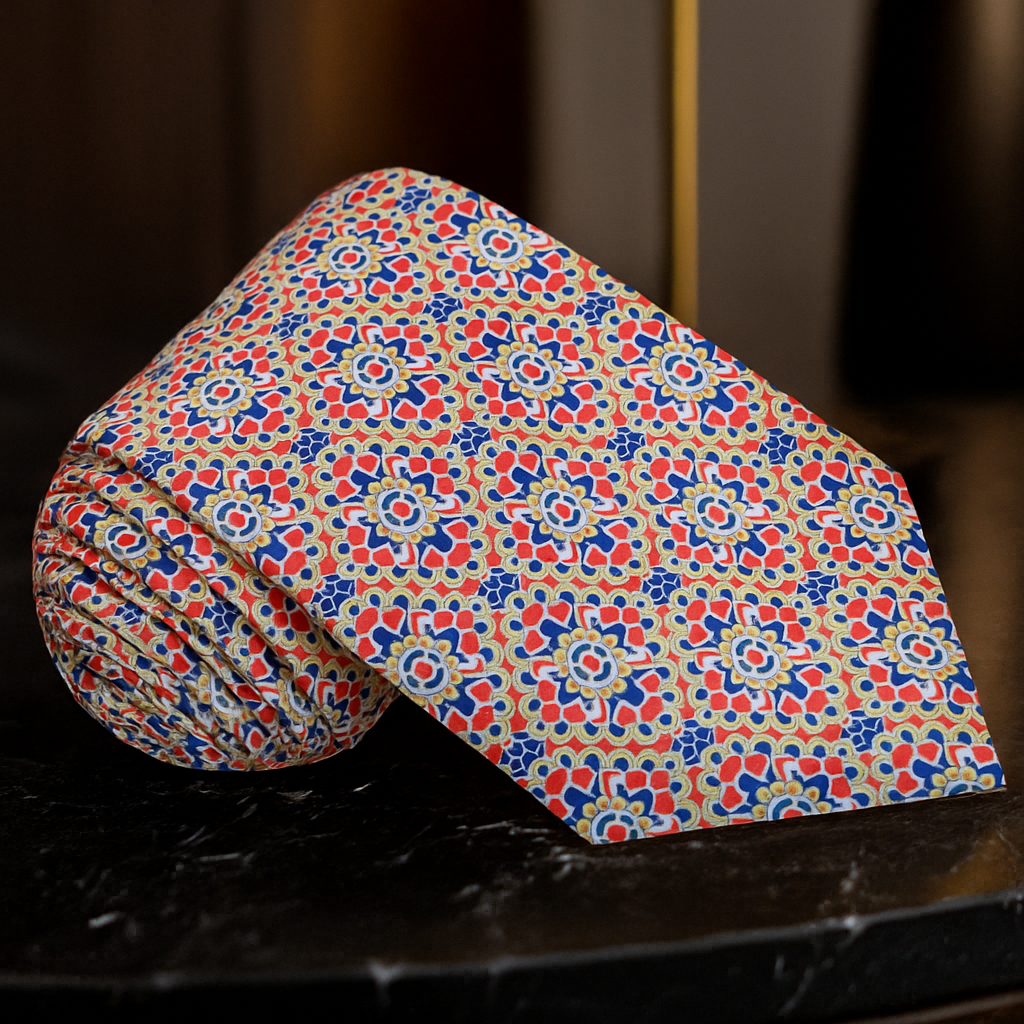 Rolled Up: Red, Blue, White Mosaic Necktie   on a dark surface