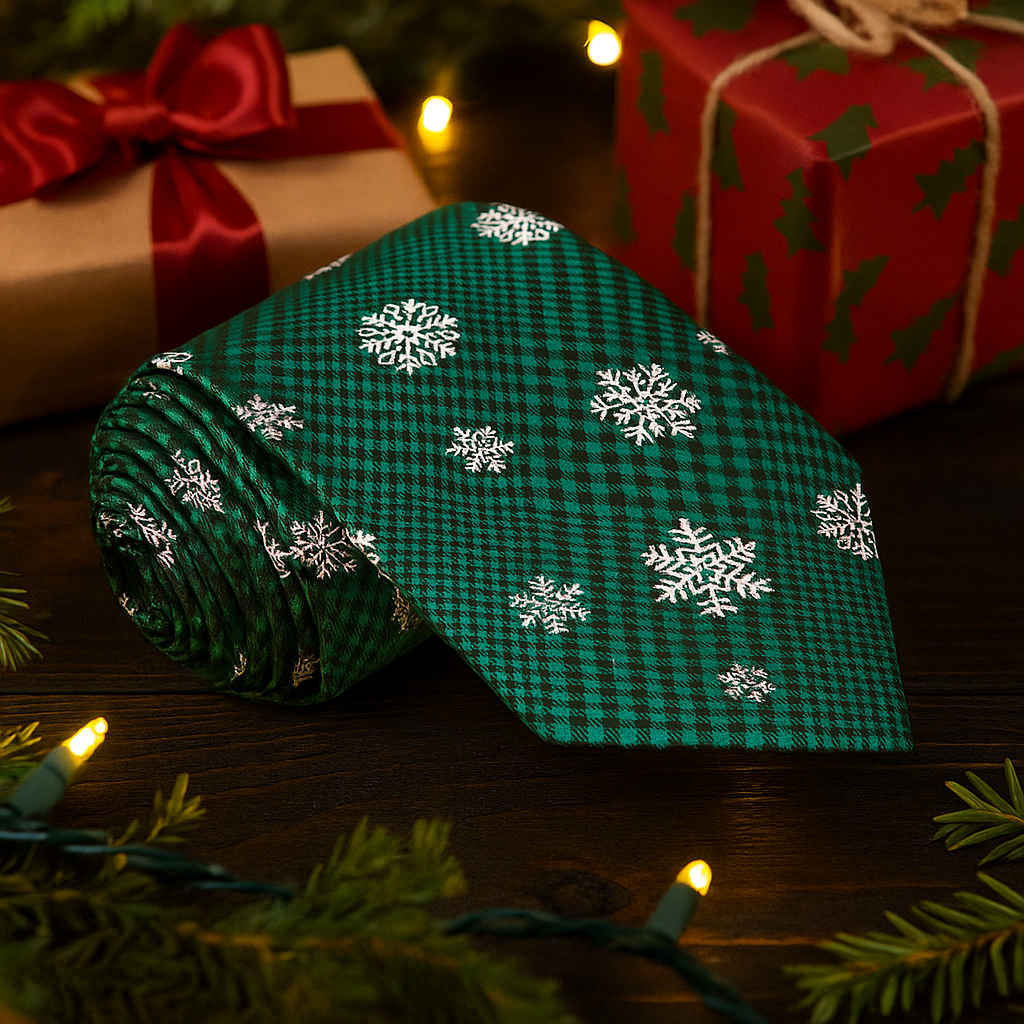 Green checkered tie with snowflake patterns on a wooden surface with Christmas decorations.
