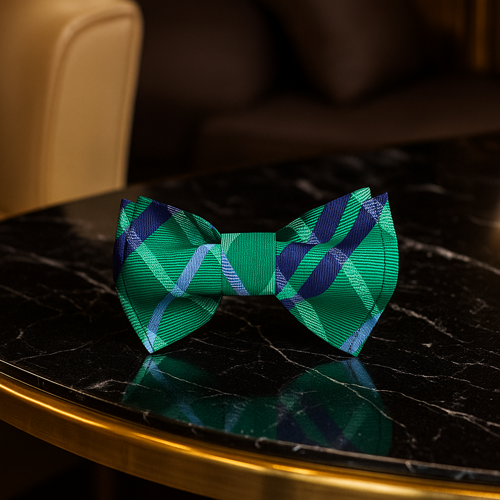 Green plaid bow tie on a dark marble surface
