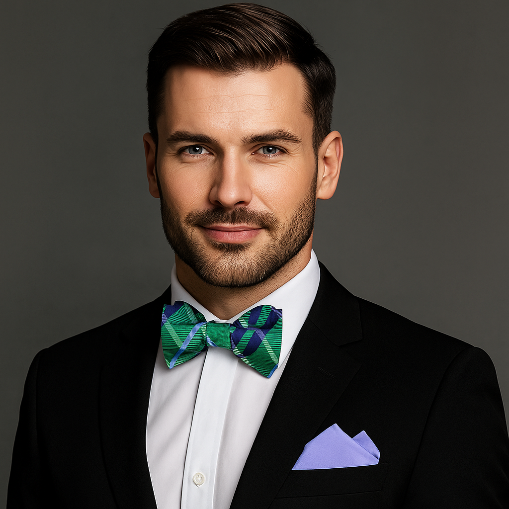 Man wearing a black suit with a green bow tie and purple pocket square on a gray background