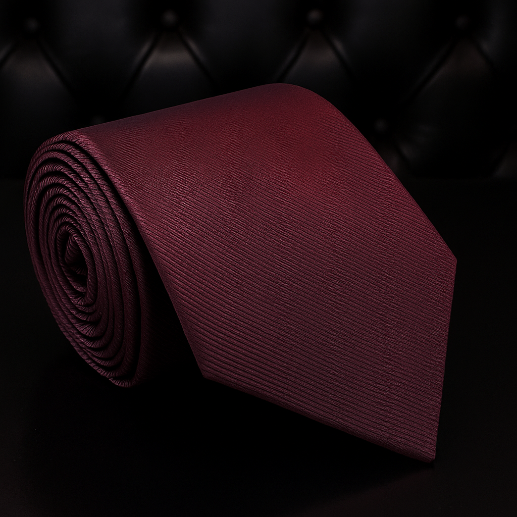 Rolled burgundy tie on a dark textured background