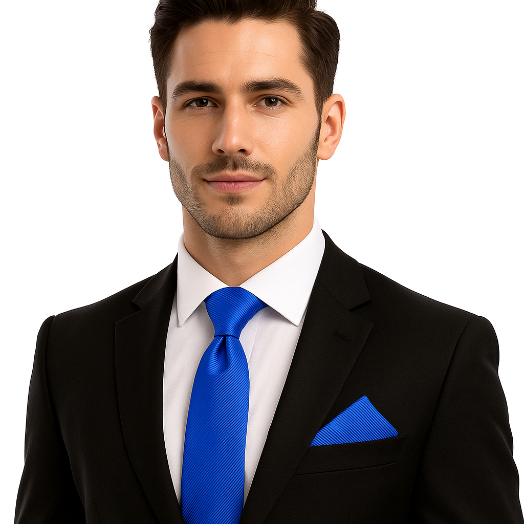 Man wearing a black suit with a blue tie and pocket square on a white background
