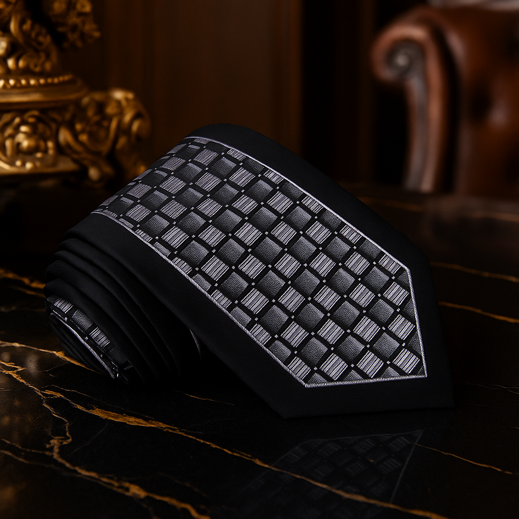 Black textured tie on a dark surface with a blurred background