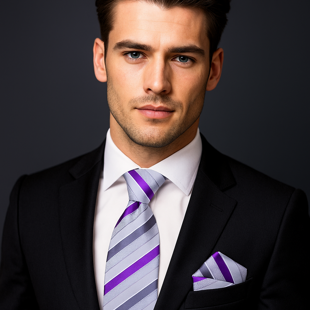 Man wearing a black suit with a purple and gray striped tie and matching pocket square on a dark background