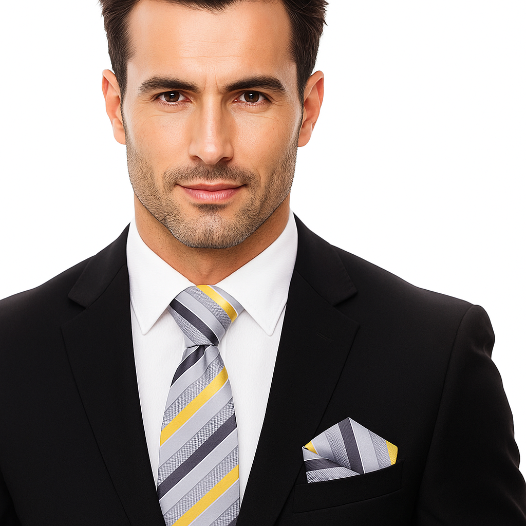 Man wearing a black suit with a striped tie and pocket square on a white background