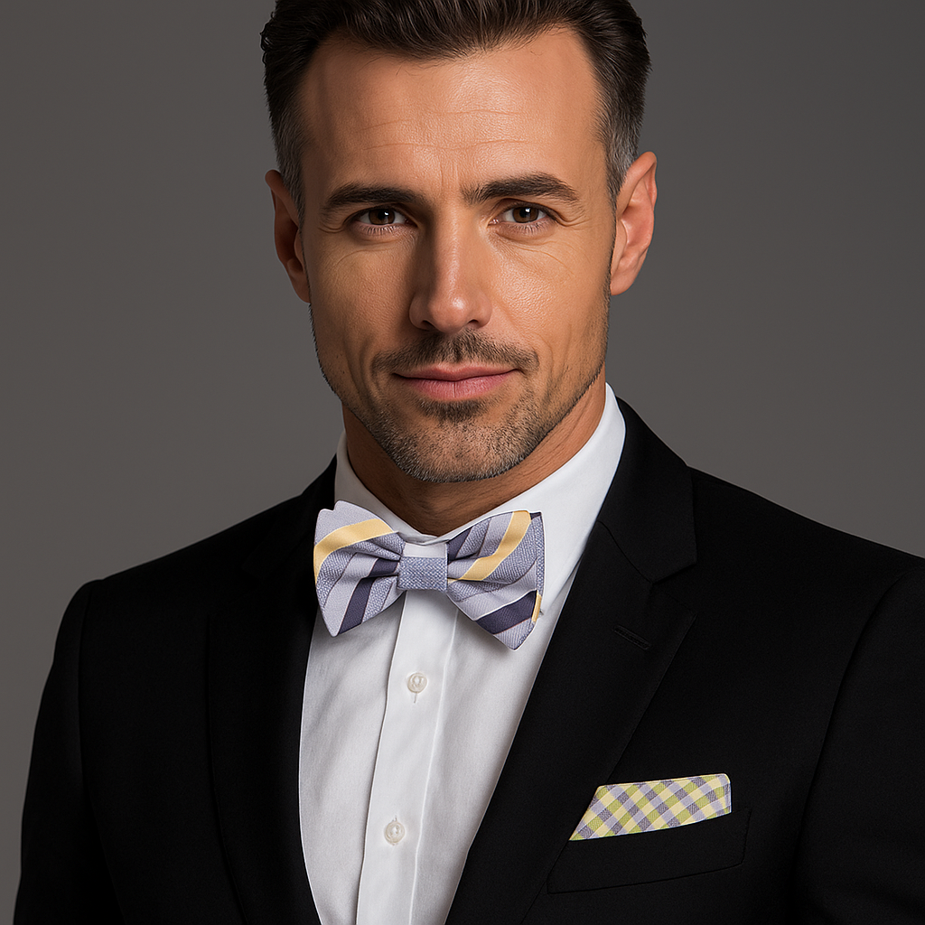 Man wearing a black suit with a white shirt, striped bow tie, and checkered pocket square on a gray background