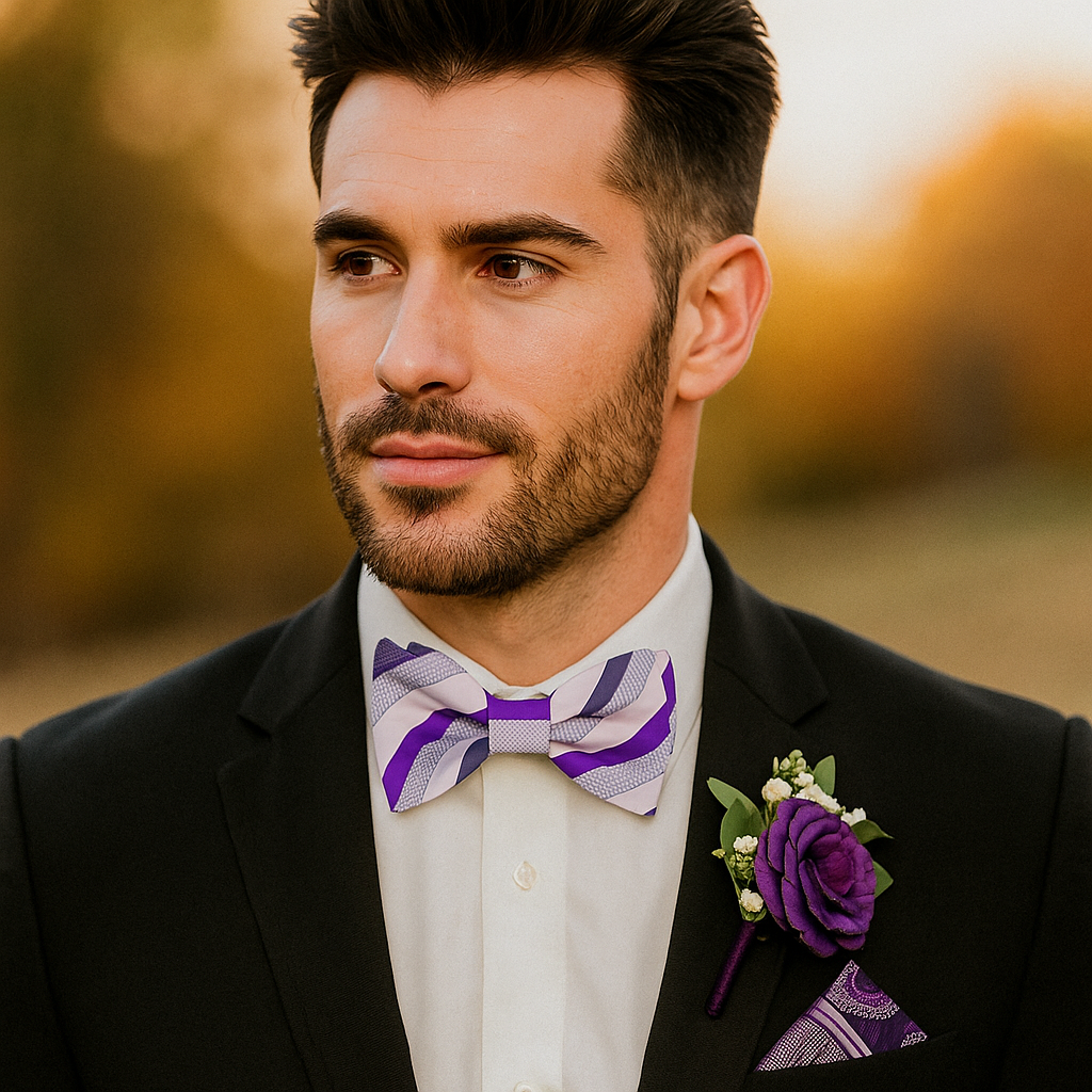 Man in a suit with a purple bow tie and boutonniere against a blurred natural background