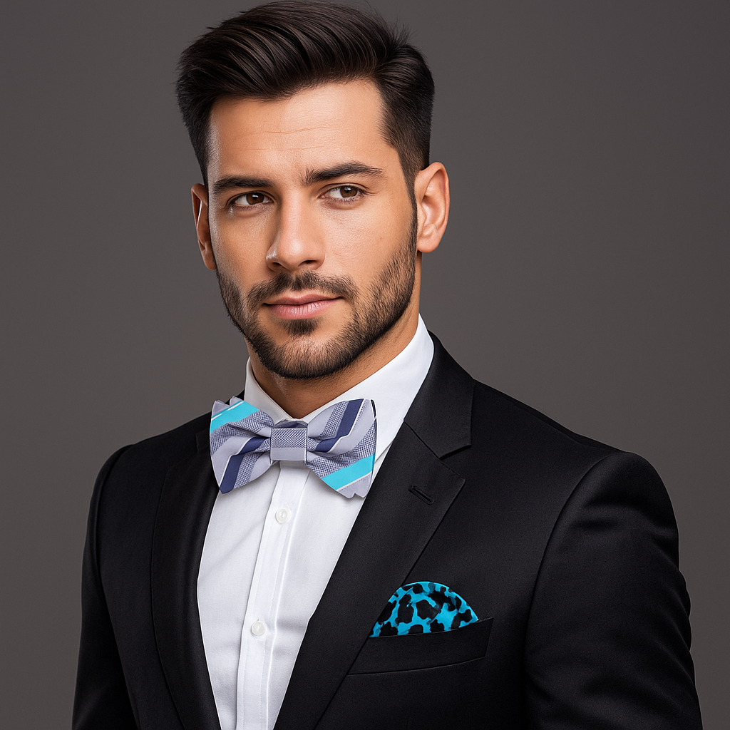 Man wearing a black suit with a blue and white patterned bow tie and matching pocket square on a gray background