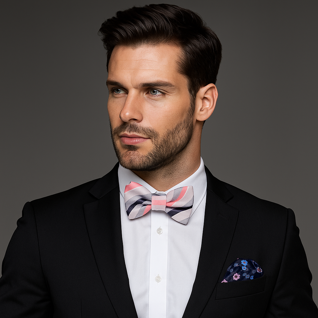 Man wearing a black suit with a patterned bow tie and pocket square on a gray background