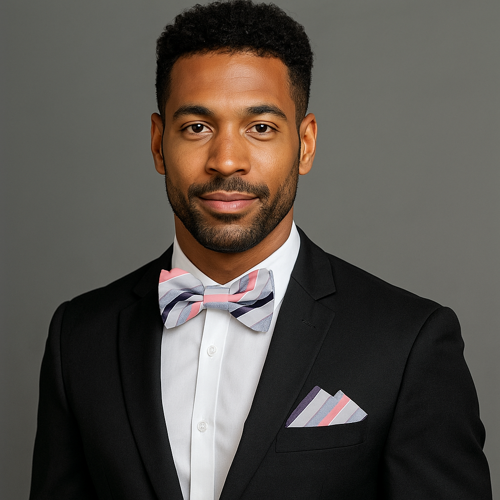 Man wearing a black suit with a colorful bow tie and pocket square on a gray background