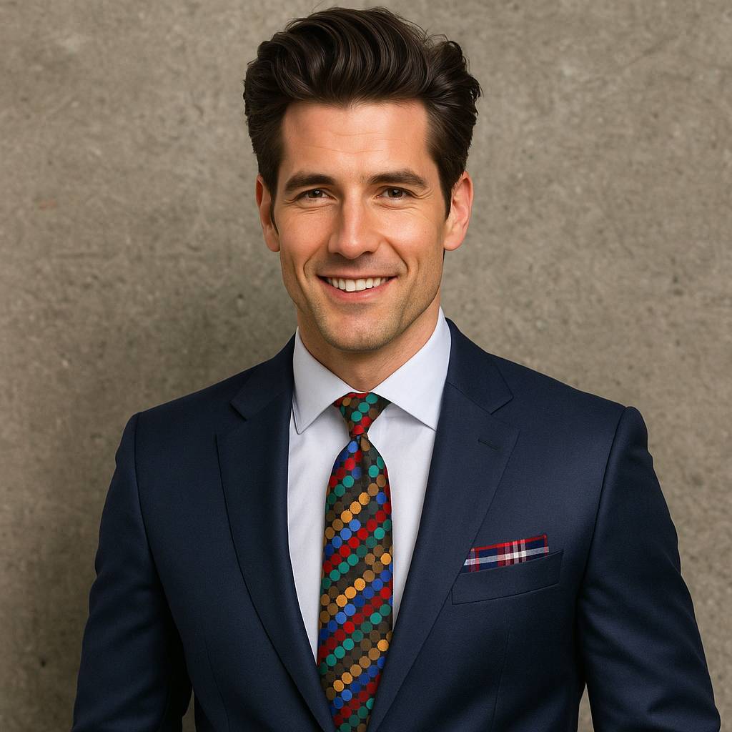 Man wearing a navy suit with a colorful tie against a neutral background