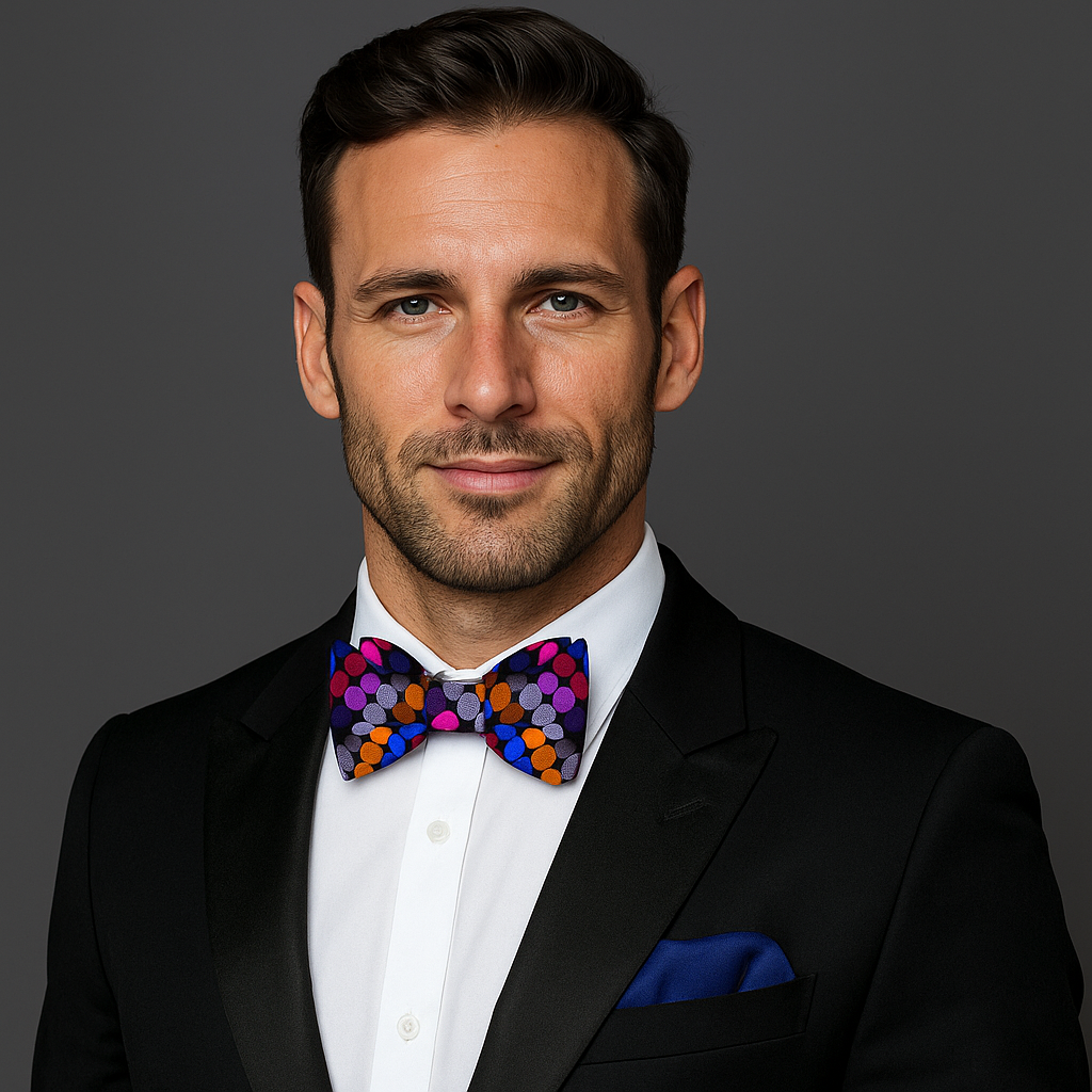 Man wearing a black suit with a colorful bow tie against a gray background