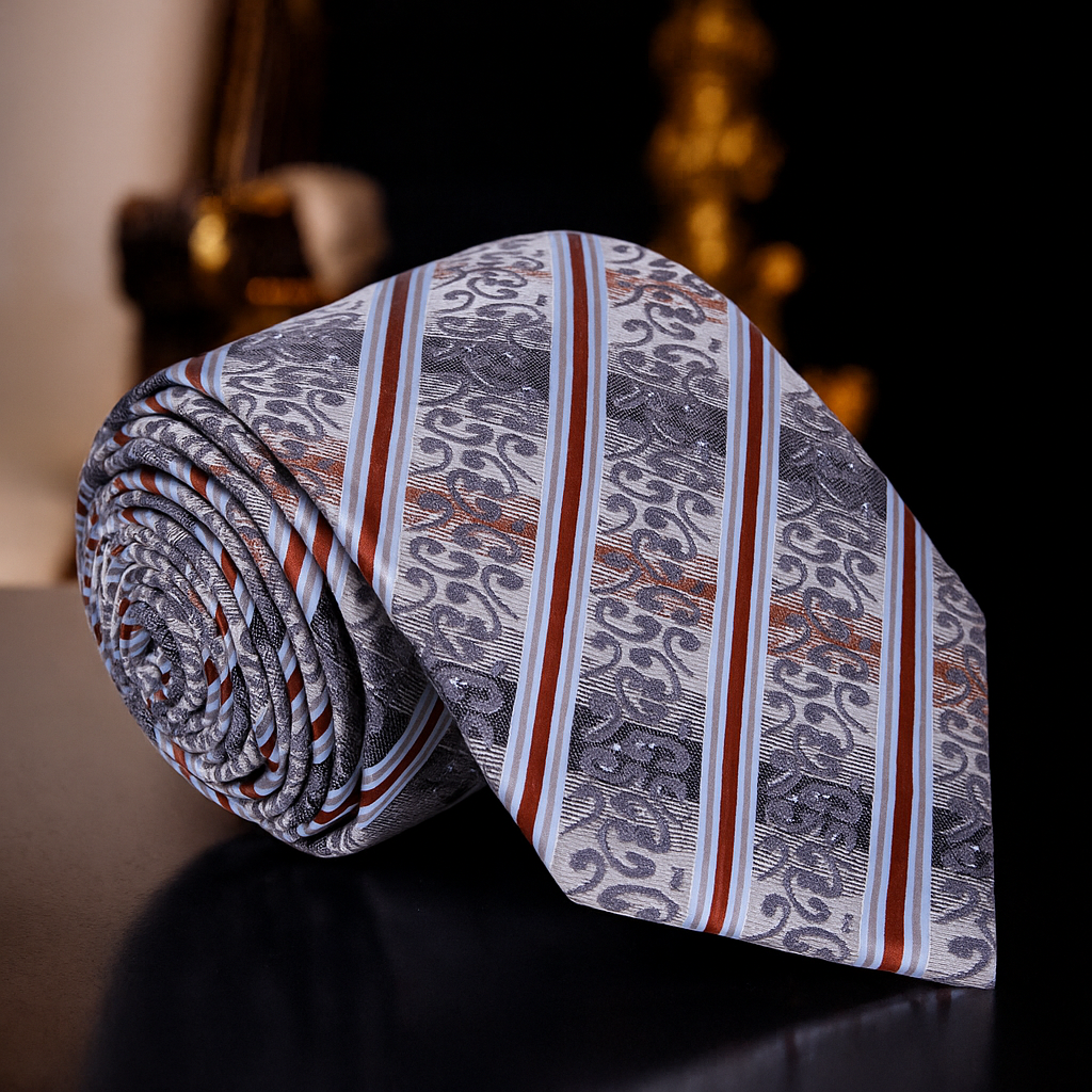 Shades of Grey and Deep Red Stripe Paisley Necktie 