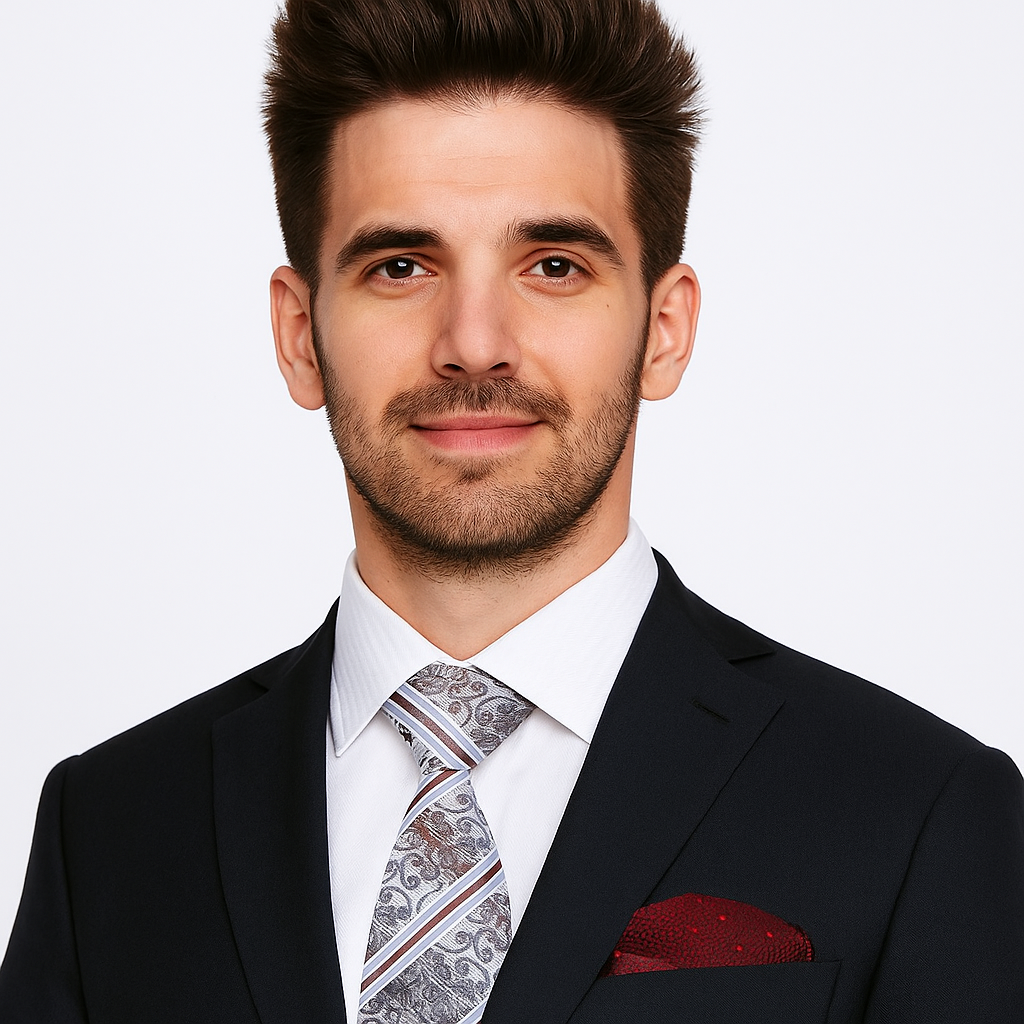 Man wearing a suit with a white shirt and patterned tie on a plain background