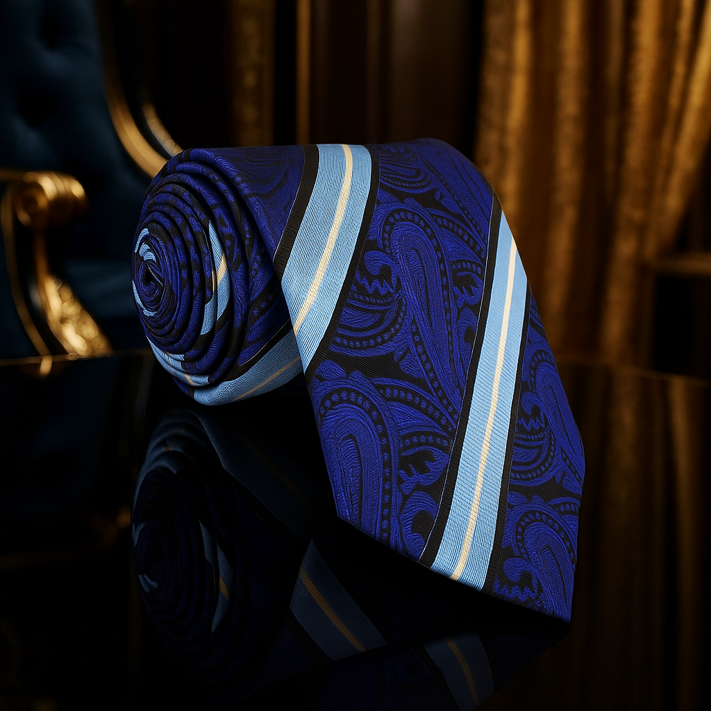 Blue paisley tie with light blue stripes on a reflective surface with a blurred background