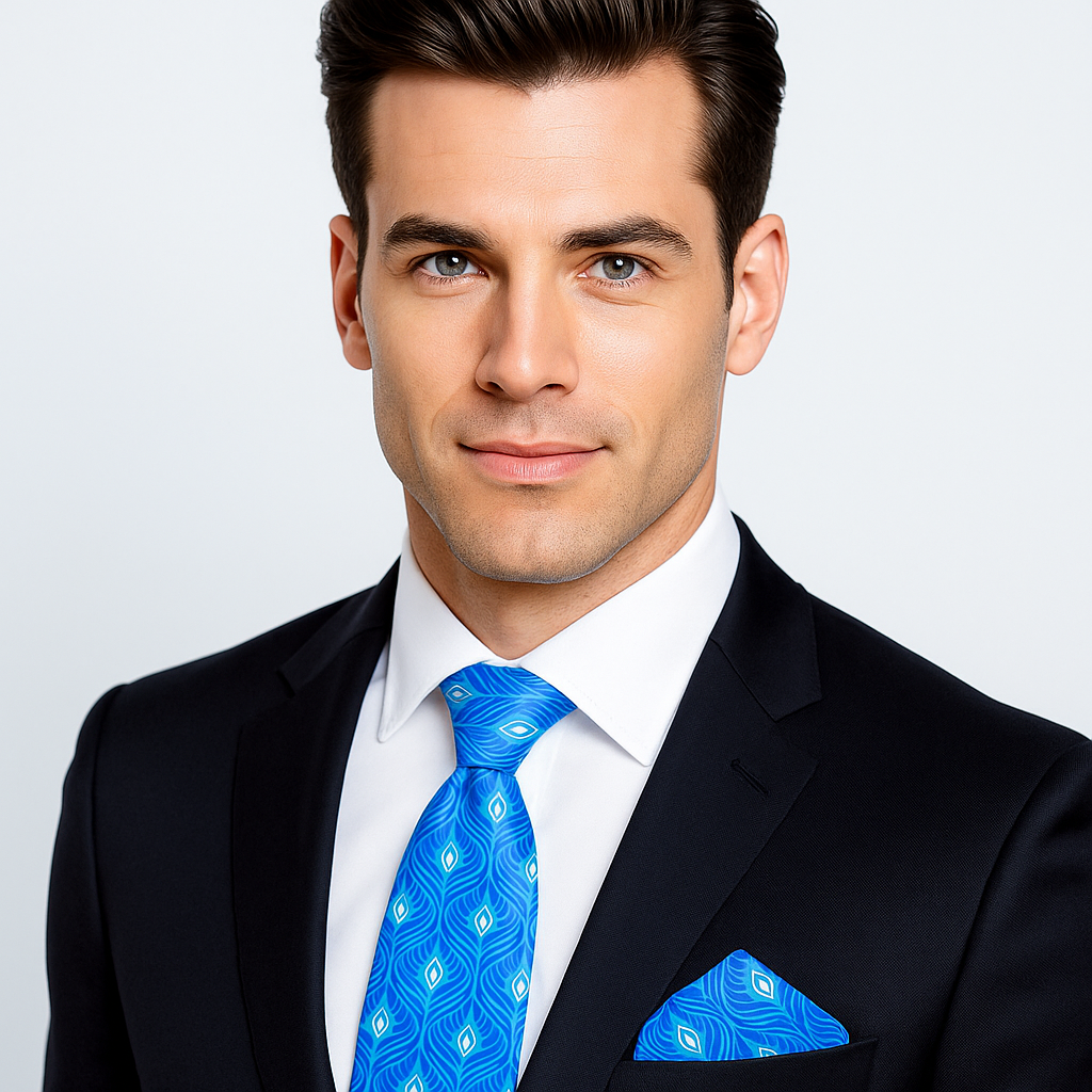 Man wearing a black suit with a blue tie and pocket square on a light gray background