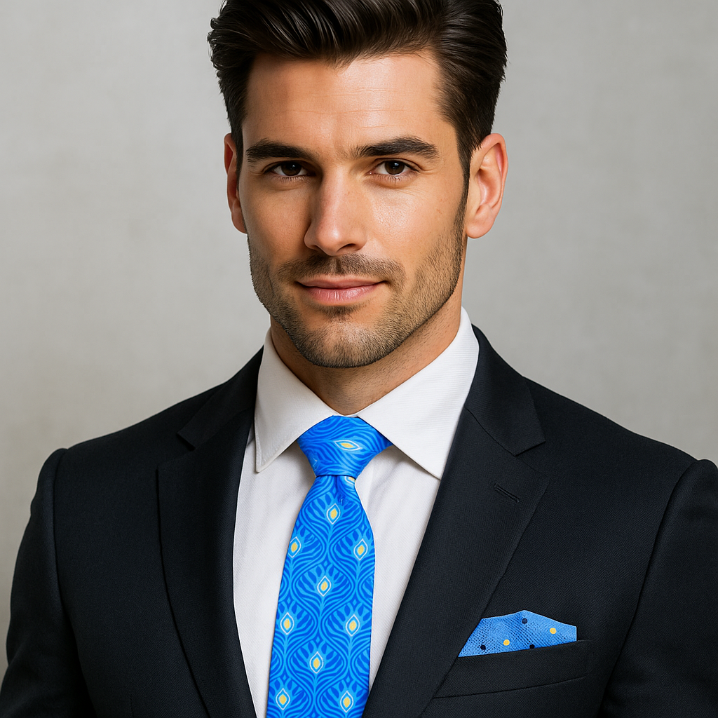 Man wearing a black suit with a blue patterned tie and pocket square on a gray background