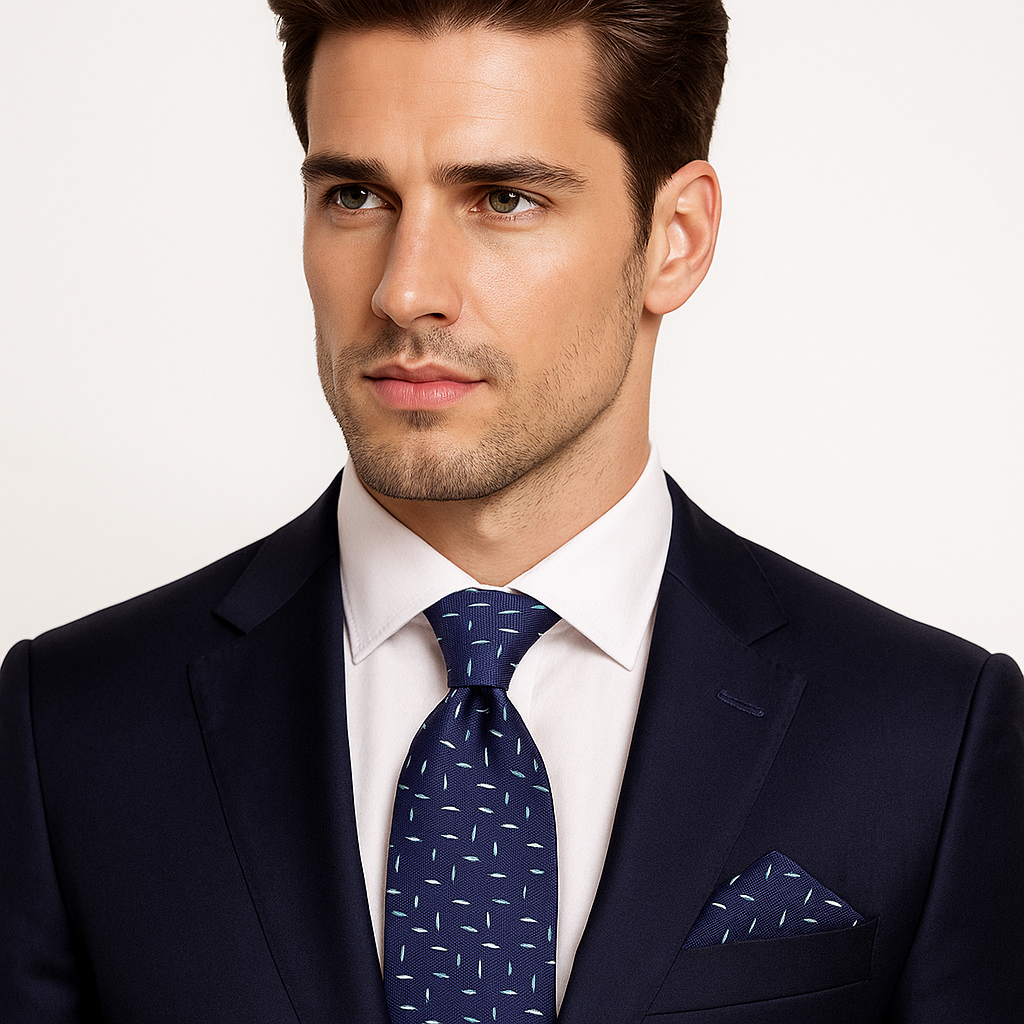 Man wearing a navy suit with a patterned tie and pocket square on a plain background