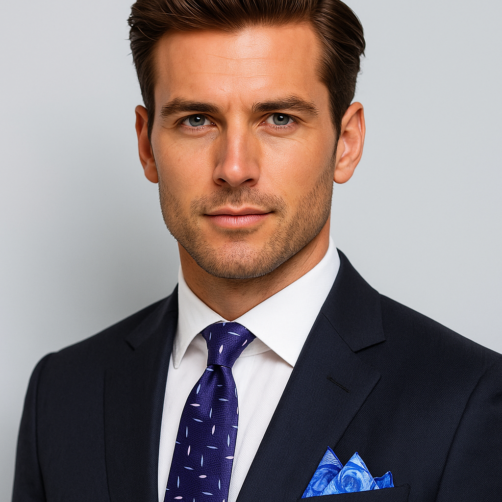 Man wearing a dark suit with a blue tie and pocket square against a gray background