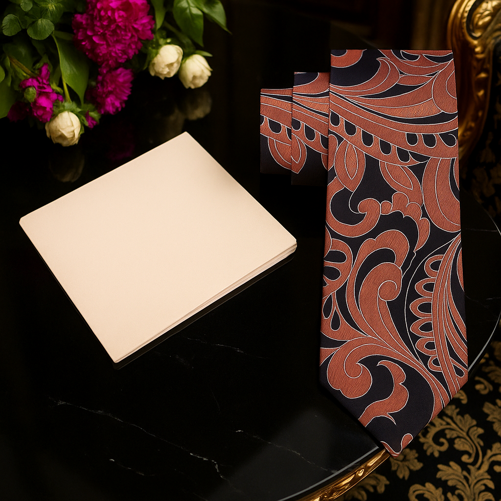 tie with black and brown paisley pattern on a dark surface with flowers in the background