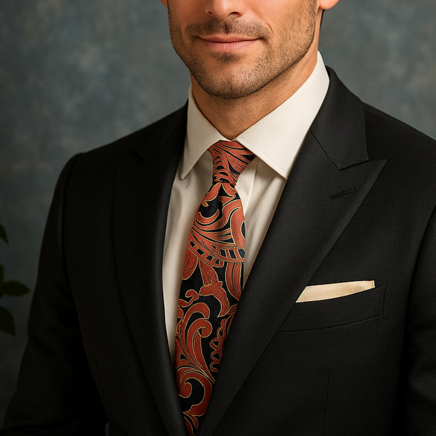 Man wearing a black suit with a patterned tie against a gray background