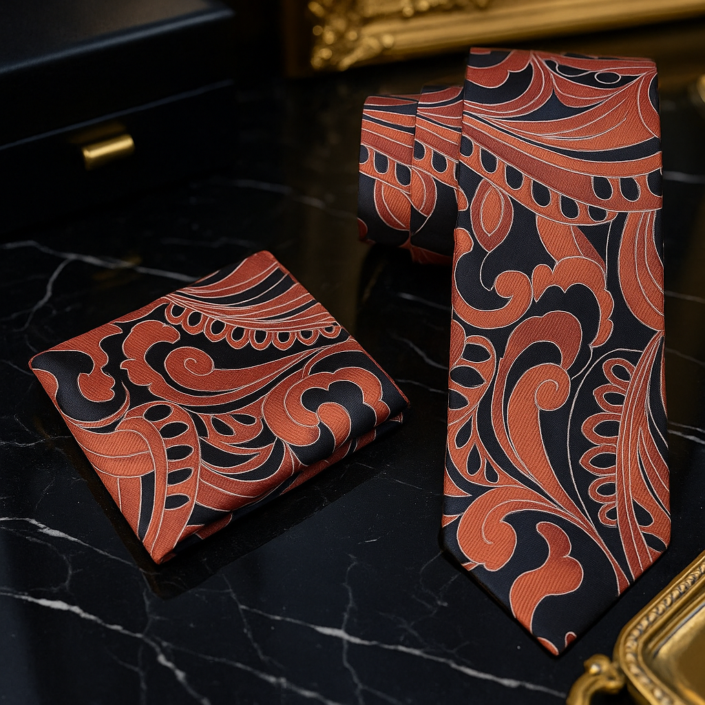 View 2 Black, Brown Abstract Paisley Necktie and Square