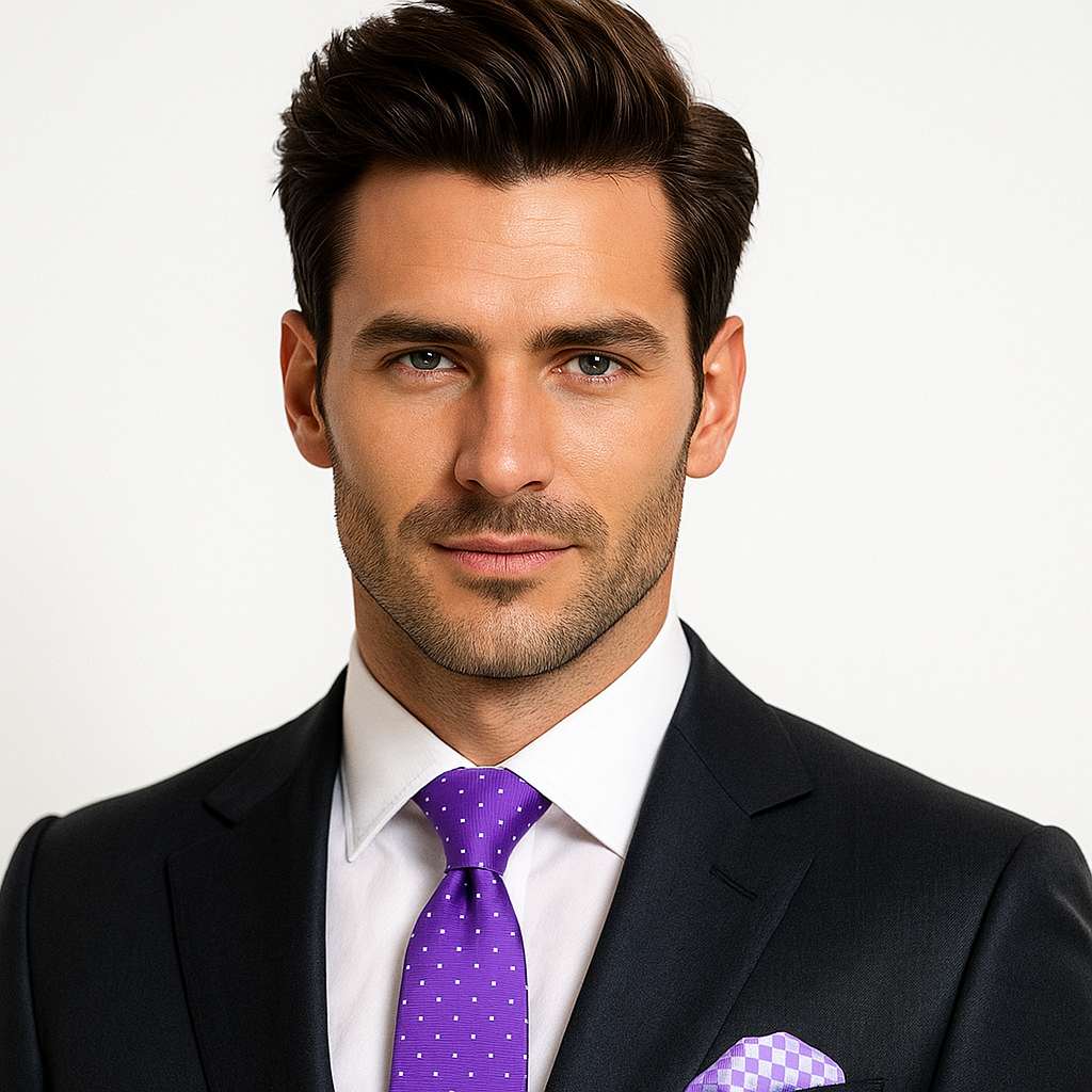 Man wearing a dark suit with a purple tie and matching pocket square on a white background