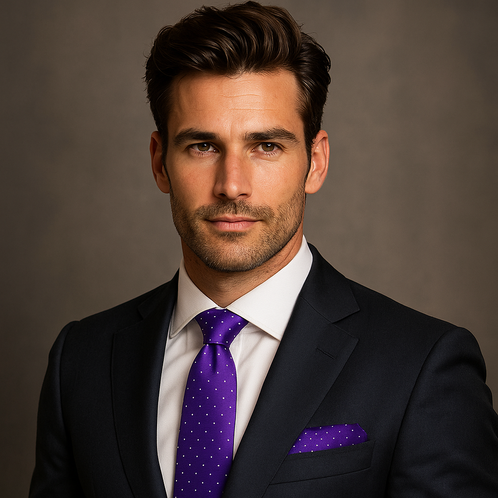 Man wearing a dark suit with a purple tie and pocket square against a neutral background