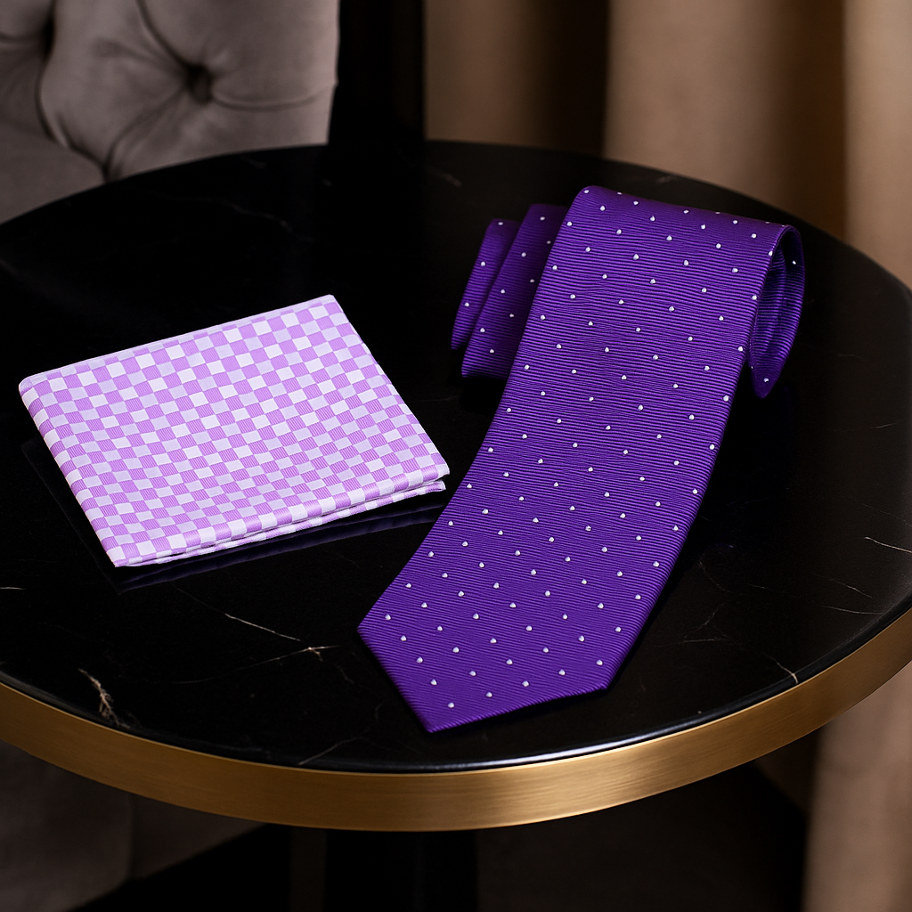 Alt Purple White Micro Dot Tie and Accenting Square