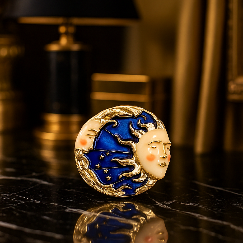 Decorative moon and sun emblem with blue and gold design on a reflective surface.