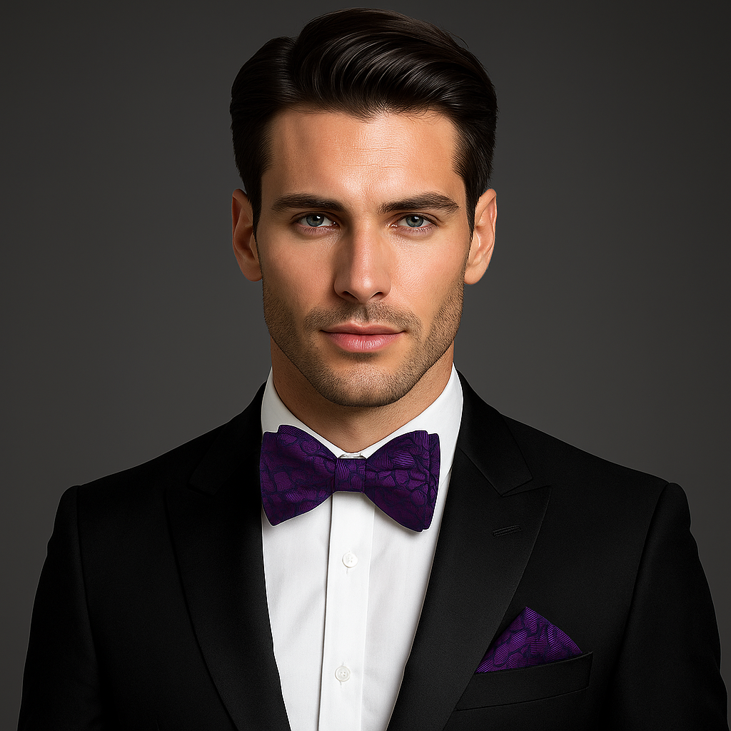 Man wearing a black tuxedo with a purple bow tie and pocket square on a gray background