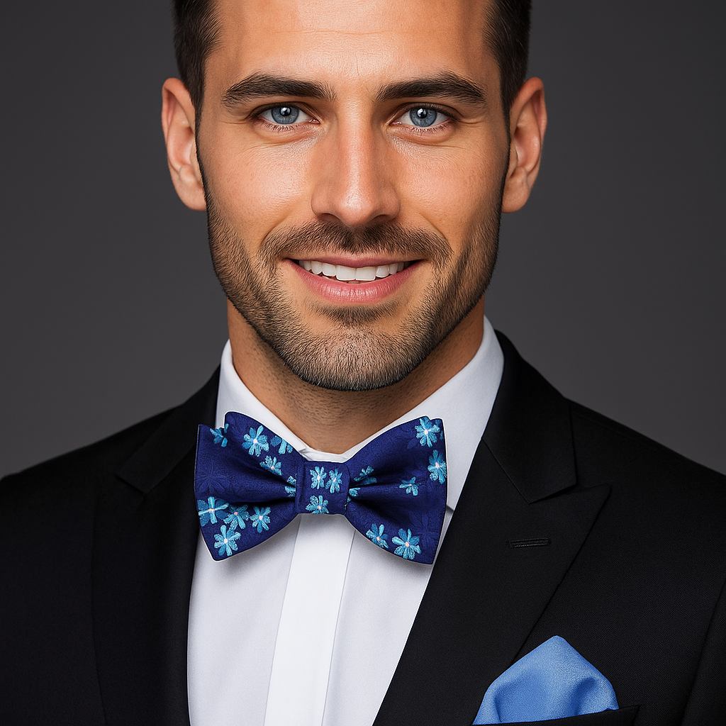 Man wearing a black suit with a blue bow tie and pocket square on a dark background
