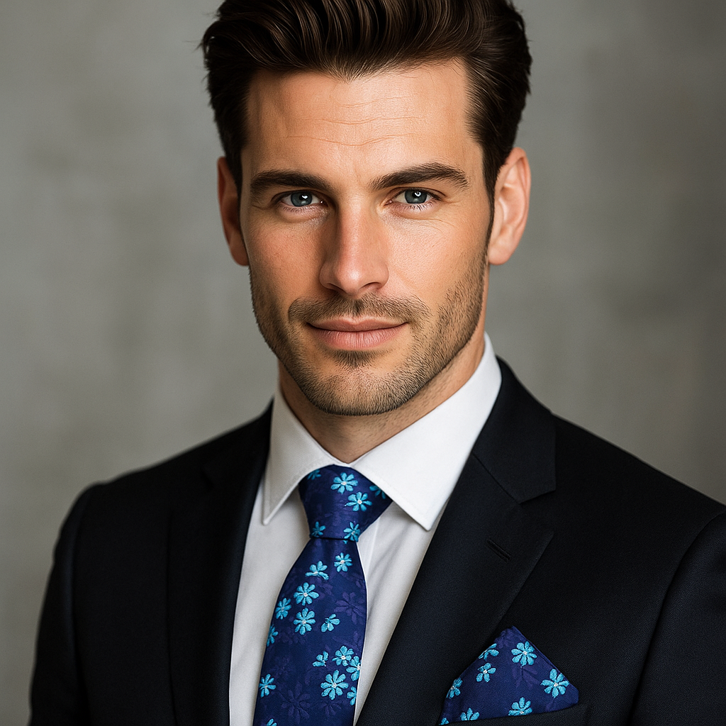 Man wearing a dark suit with a blue floral tie and pocket square against a neutral background