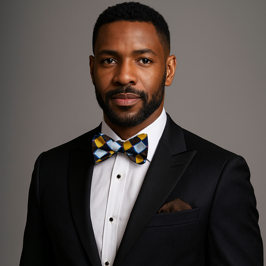 Man wearing a black suit with a patterned bow tie against a gray background