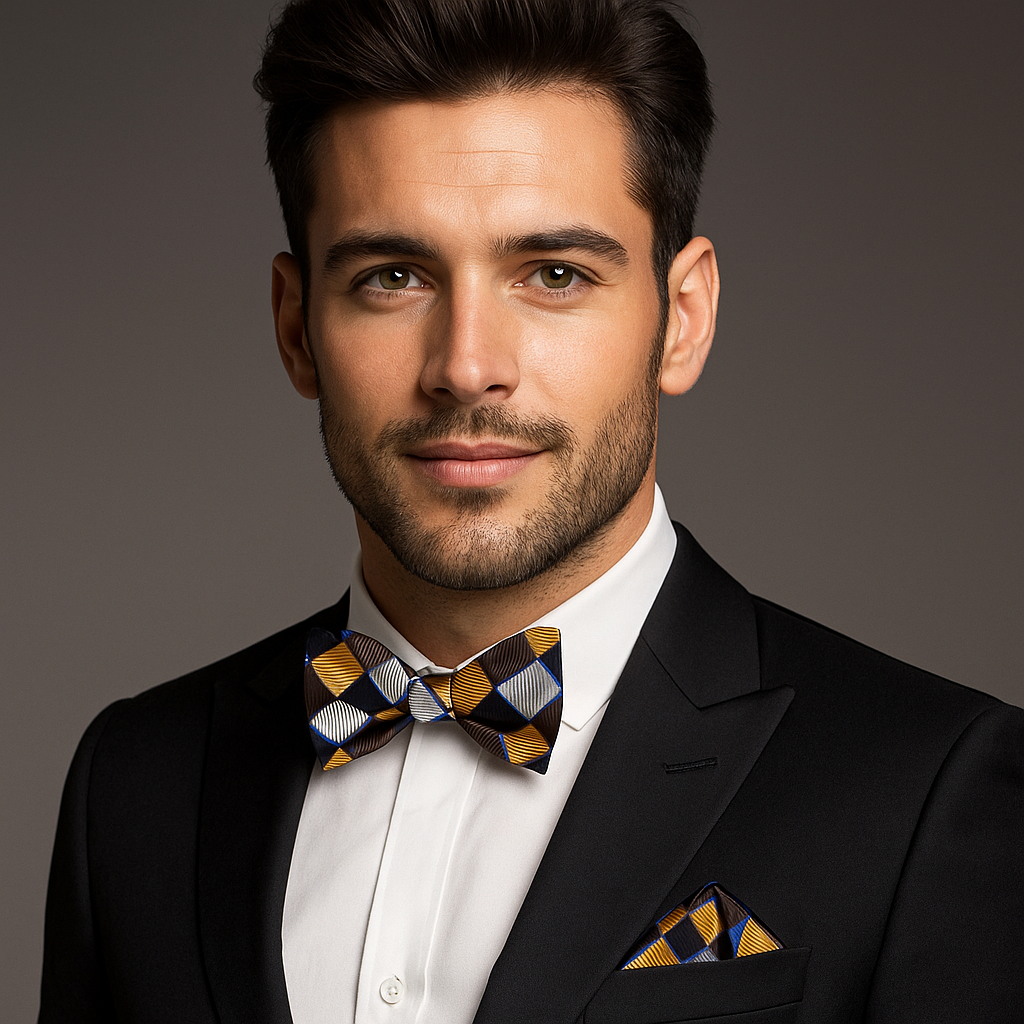 Man wearing a black suit with a patterned bow tie and pocket square on a gray background
