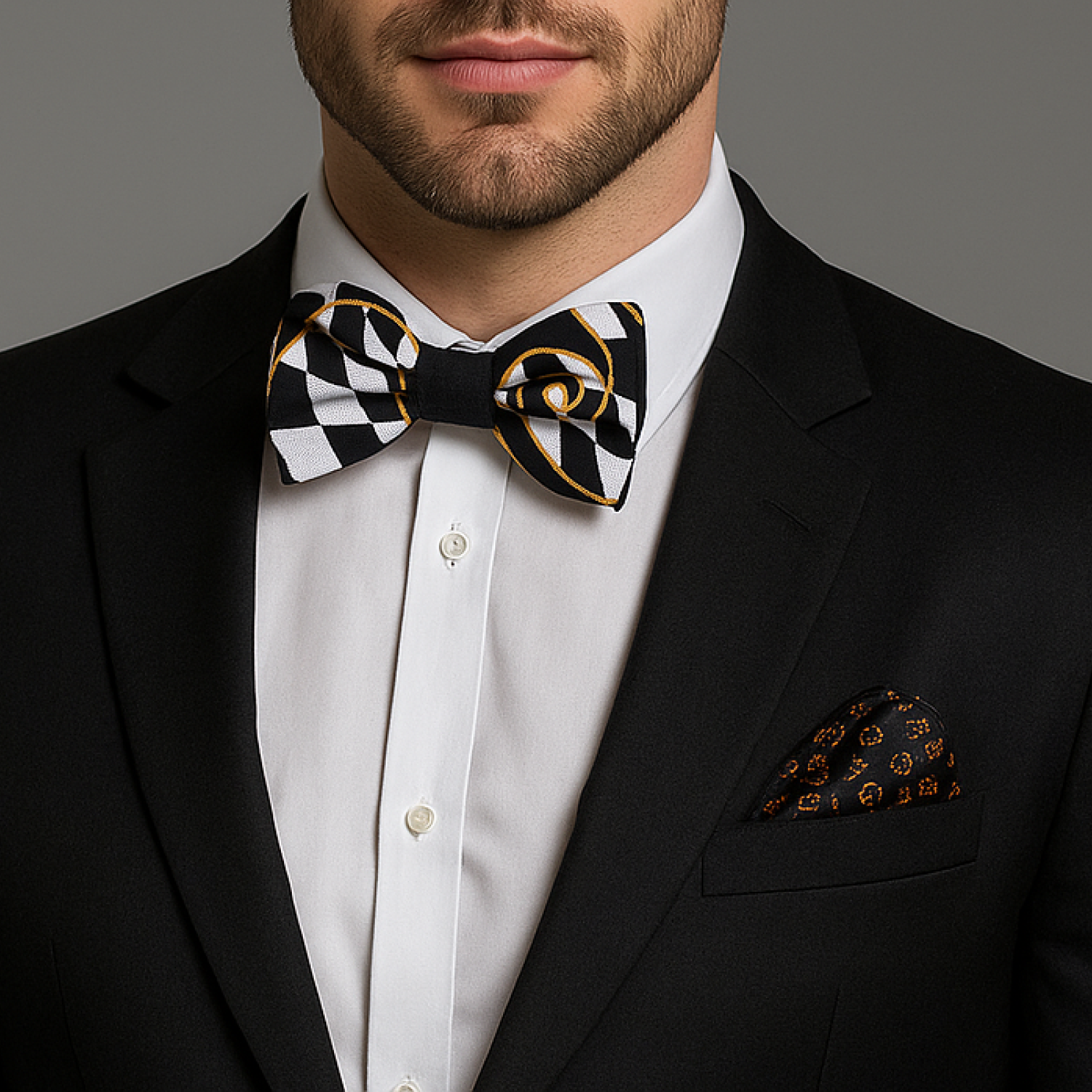 Man wearing a black and white checkered bow tie with gold accents and matching pocket square.