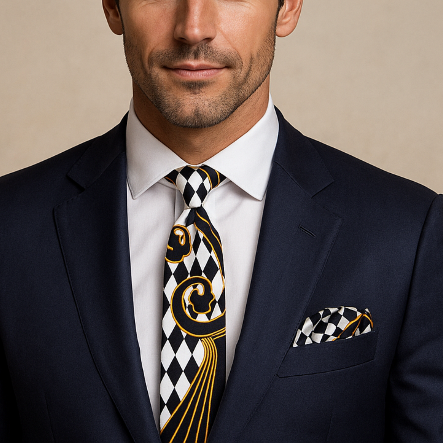 Man wearing a navy suit with a patterned tie and pocket square on a beige background