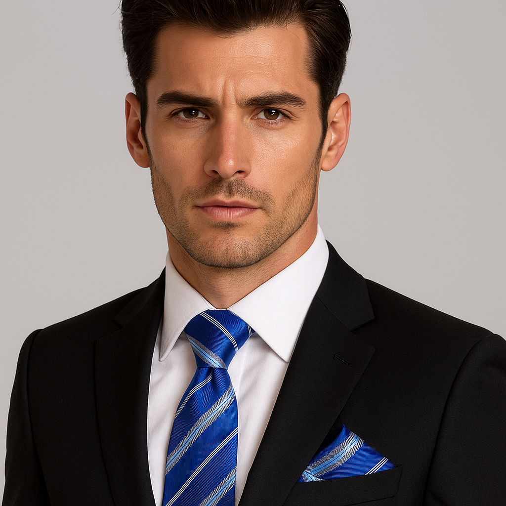 Man wearing a black suit with a blue striped tie and pocket square on a gray background