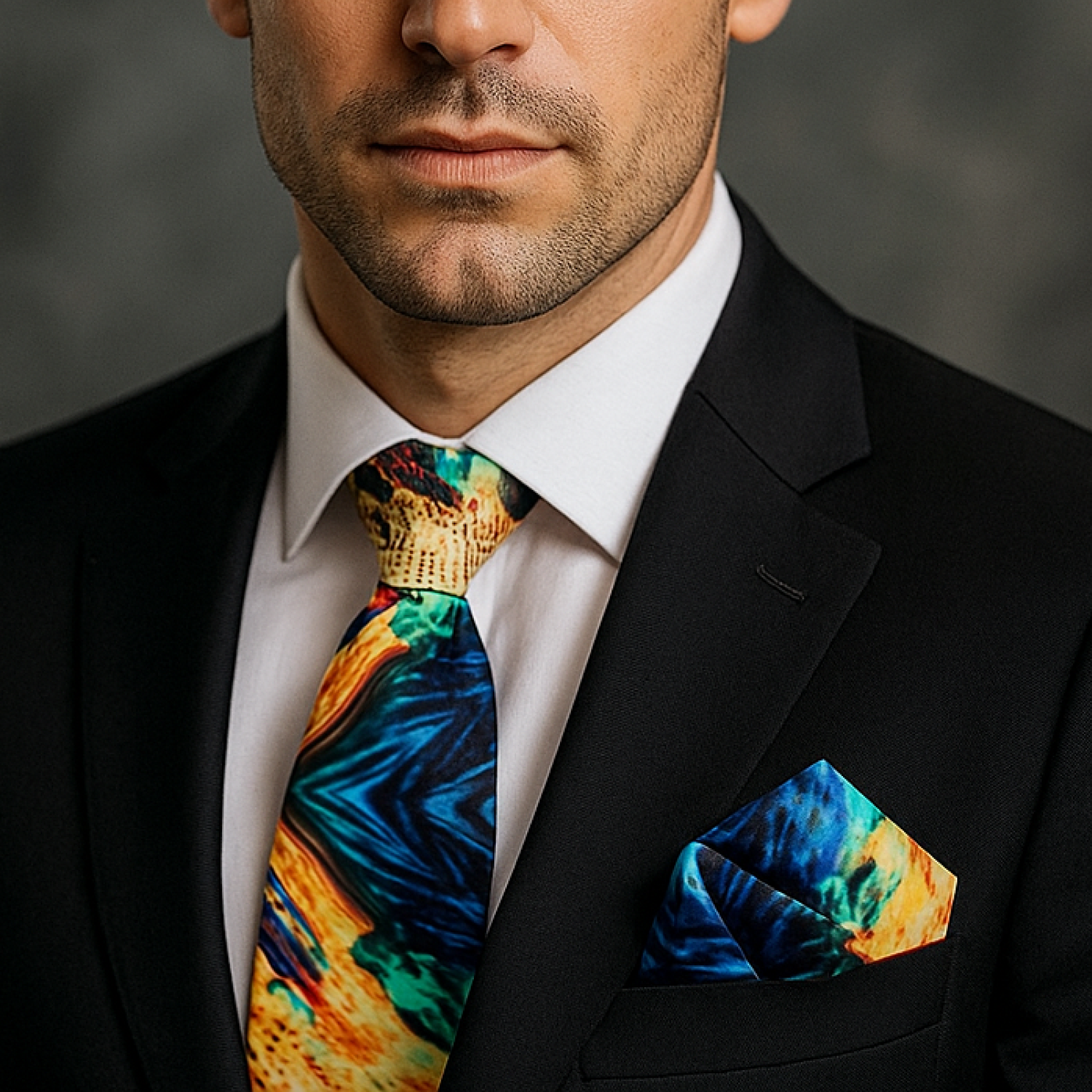 Man wearing a black suit with a colorful tie and pocket square against a gray background