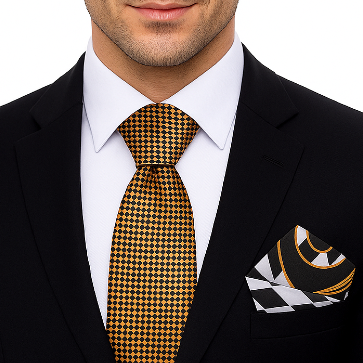 man wearing Black Gold Diamonds Necktie and Accenting Square