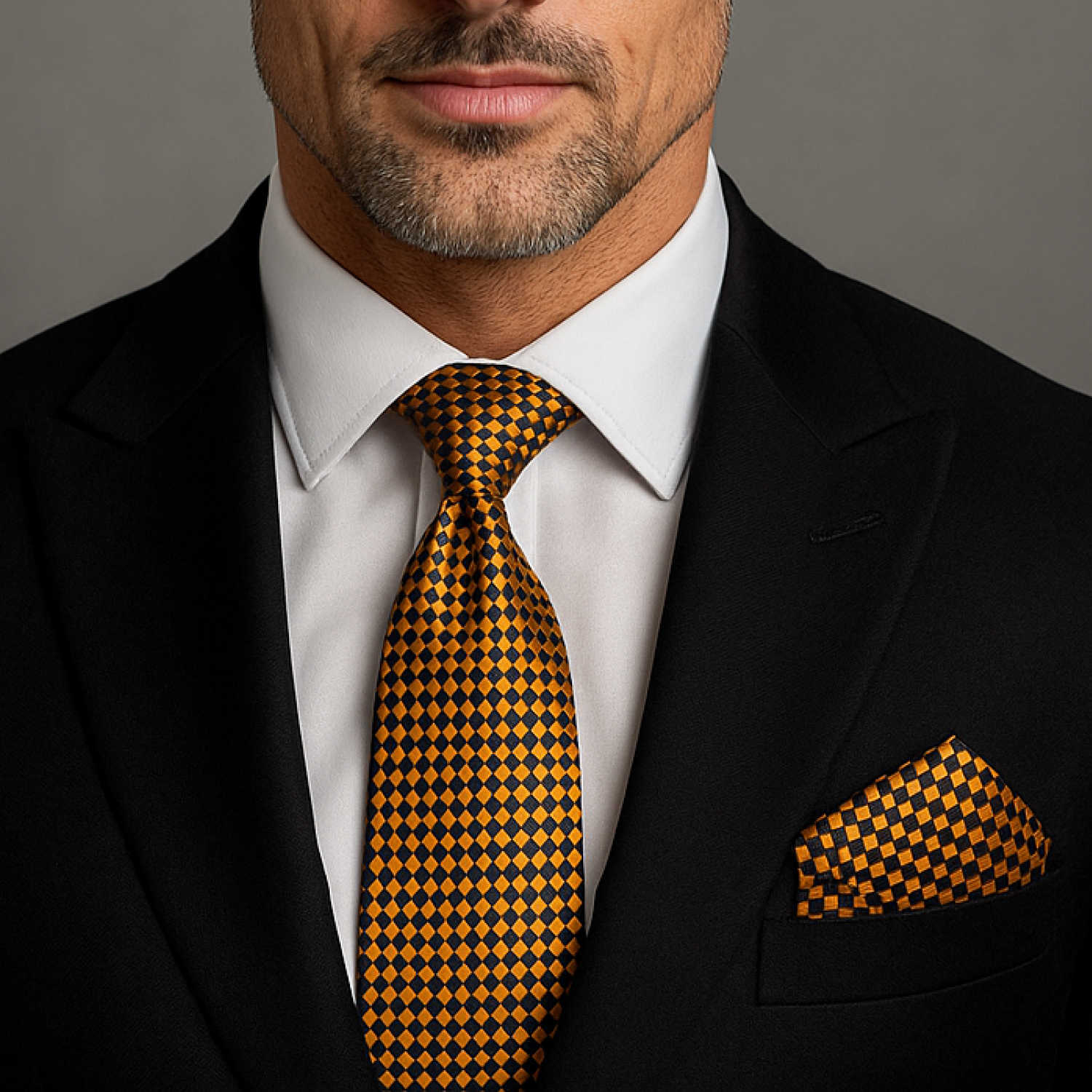 Man wearing a black suit with a yellow and black checkered tie and pocket square against a gray background