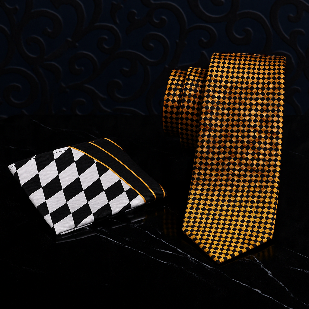 Alt View: Gold & Black Small Diamonds Necktie and White, Black, Gold Pocket Square