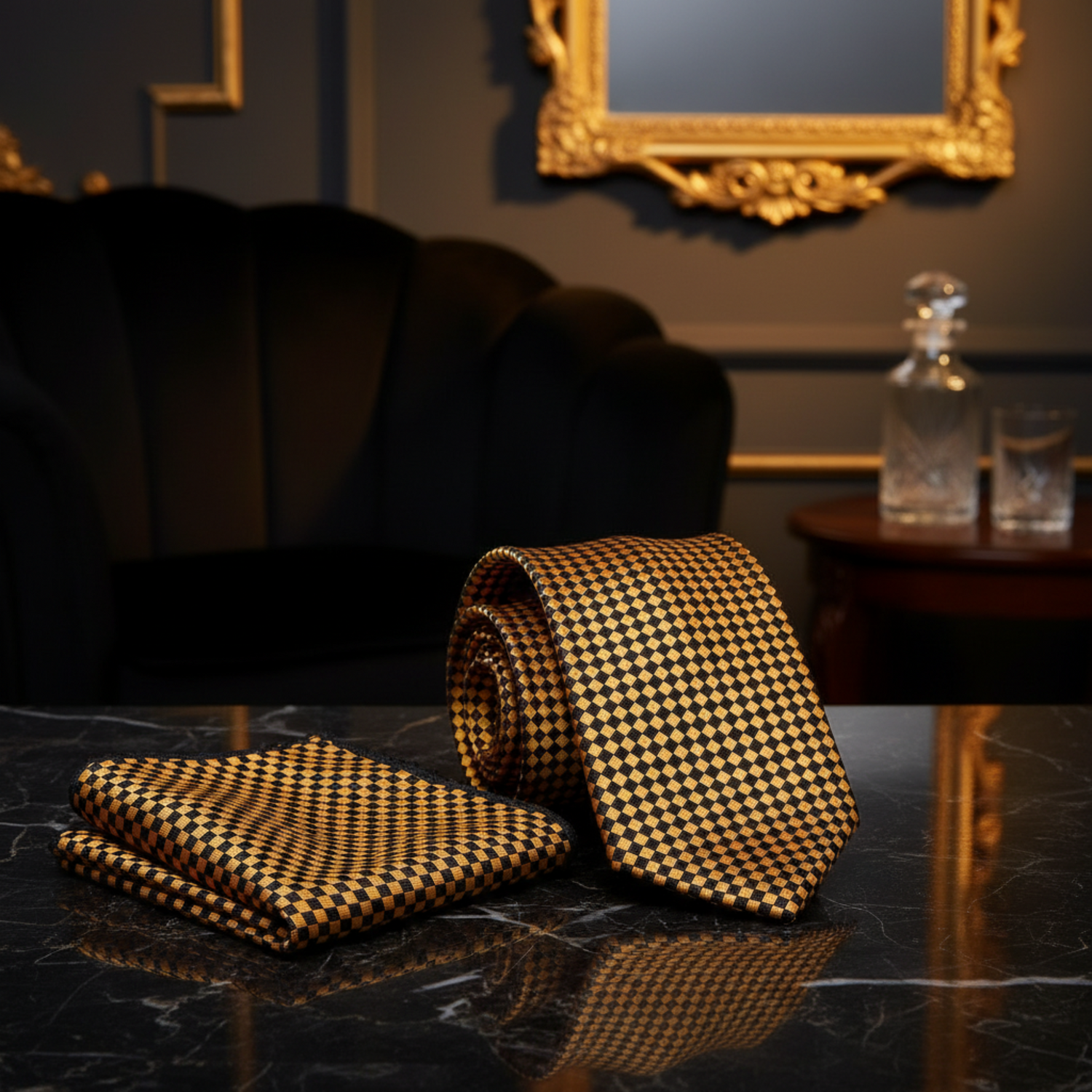 Alt View: Gold & Black Small Diamonds Necktie and Matching Pocket Square