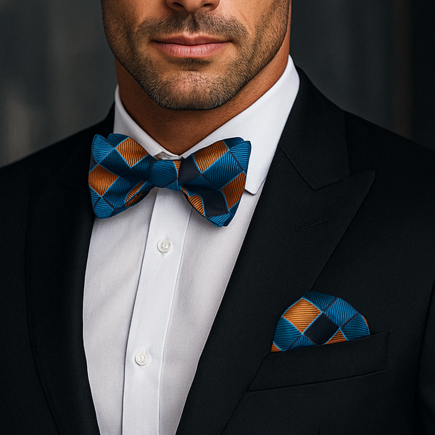Man wearing a black suit with a Teal Orange Charming Check Bow Tie and Square.