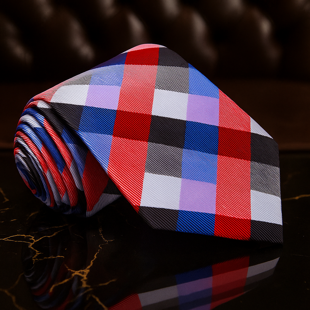 Plaid tie with red, blue, and black pattern on a dark surface