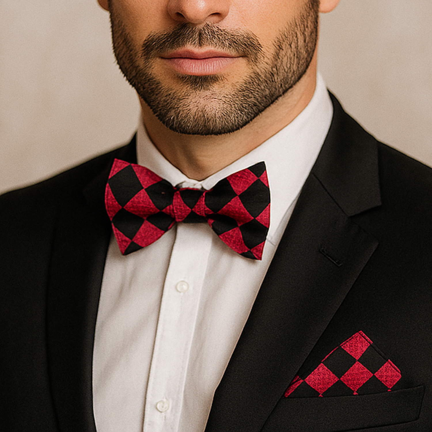 Man wearing a black suit with a red and black checkered bow tie and pocket square.