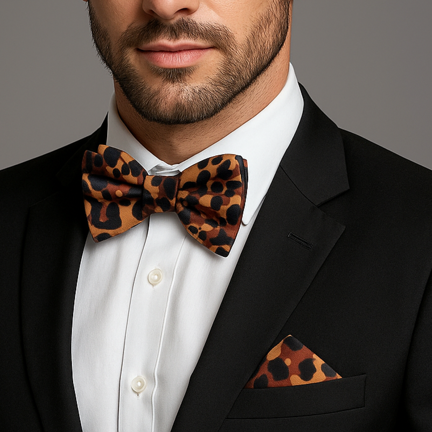 Man wearing a black suit with a white shirt and leopard print bow tie and pocket square.