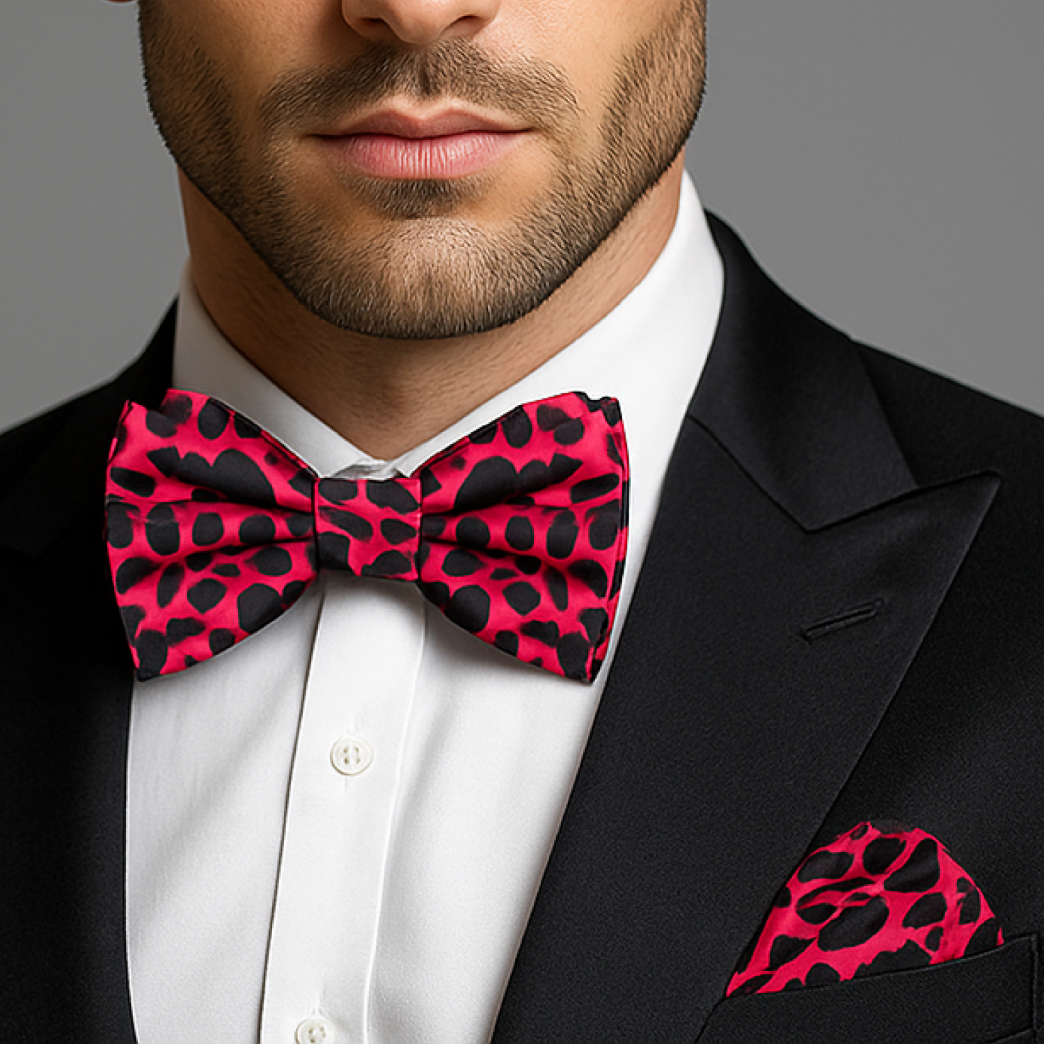 Man wearing a black suit with a red and black patterned bow tie and pocket square.