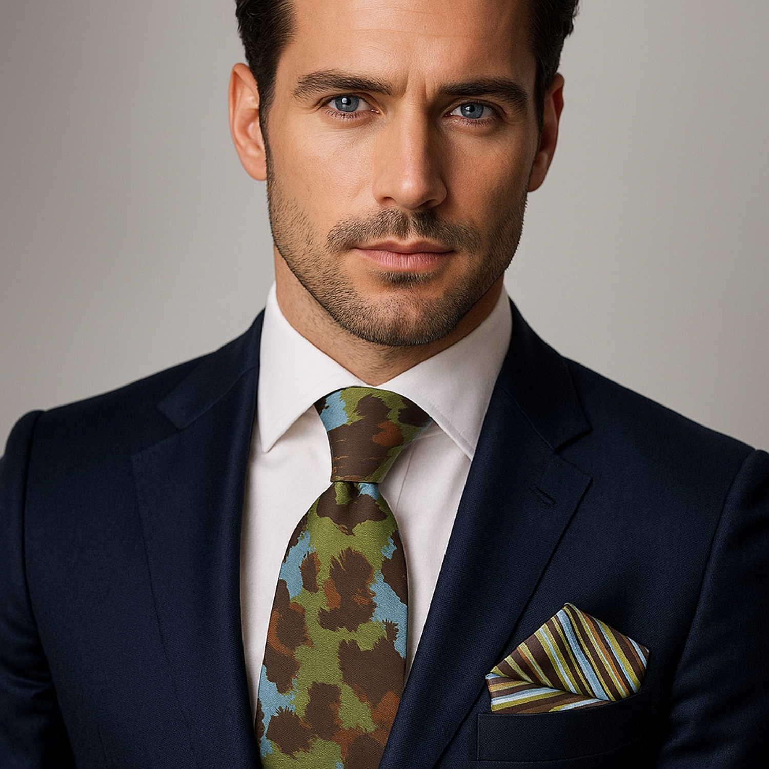 Earth Cheetah Tie and Square on Man Wearing Blue Suit