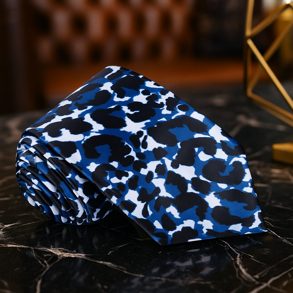 Blue and black patterned tie on a dark surface